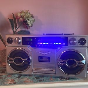 Victrola 1980s Retro Bluetooth Boombox Cassette Player Silver Vintage Look